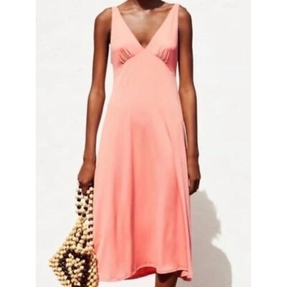 Zara Coral V-Neck Sleeveless Midi Dress